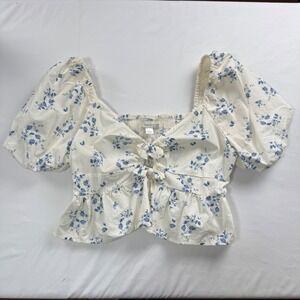 Coquette Floral Milkmaid Puff Sleeve Cottagecore Bow Tie Top Smocked Y2K Size XL